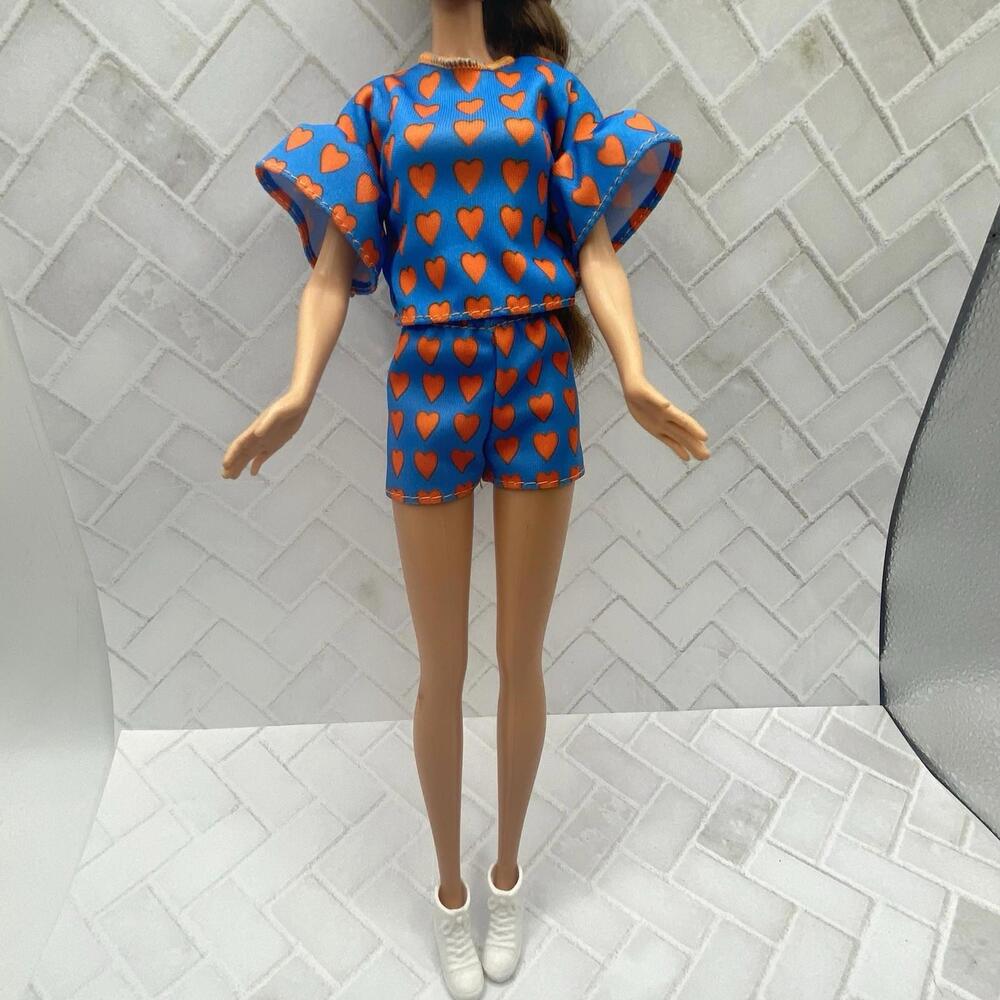 Barbie Outfit ~ Blue Top Shorts Fluted Sleeves Red Hearts White Sneakers